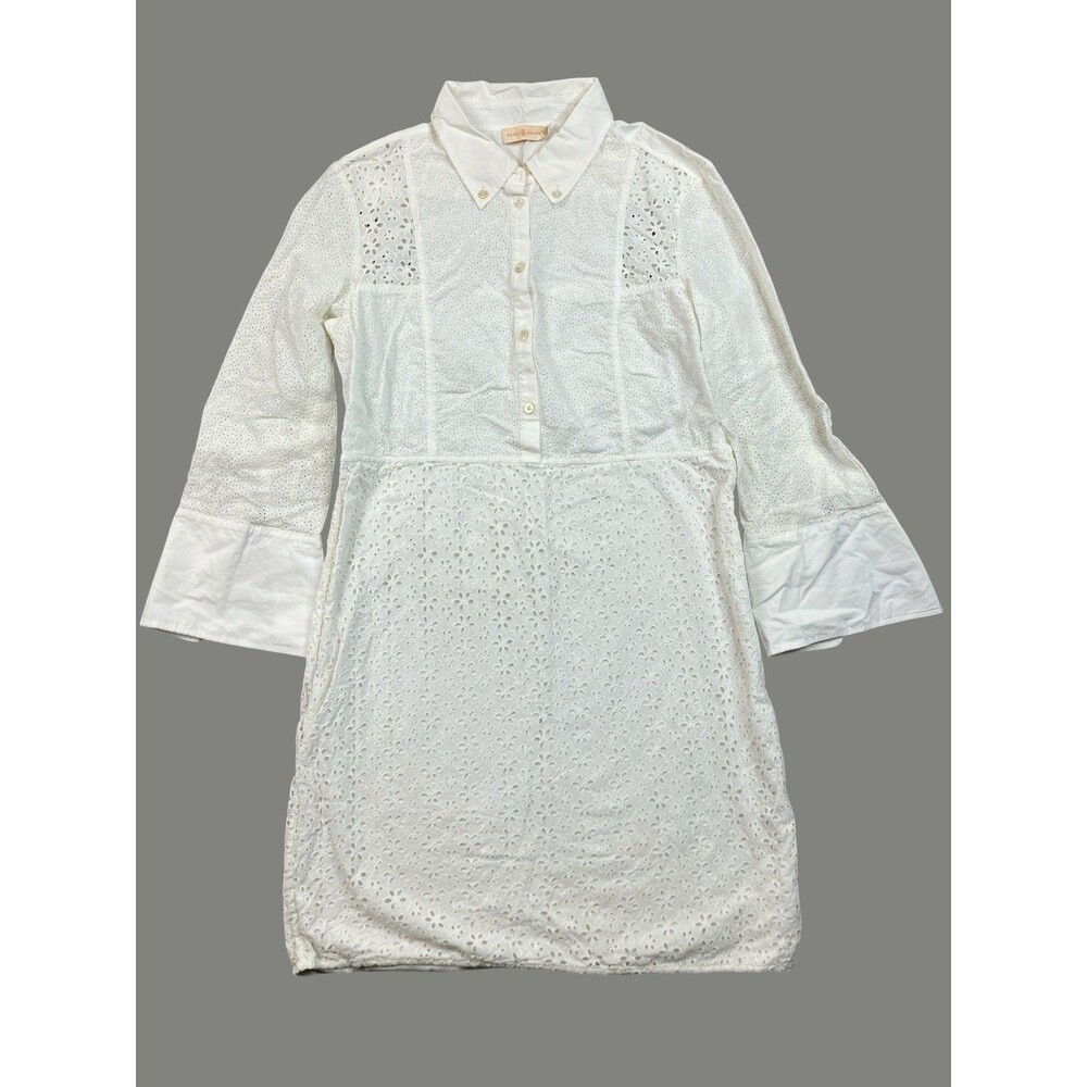 Tory Burch Shirt Dress Womens 12 White Cotton Eyelet Lace Bell Sleeve Vacation
